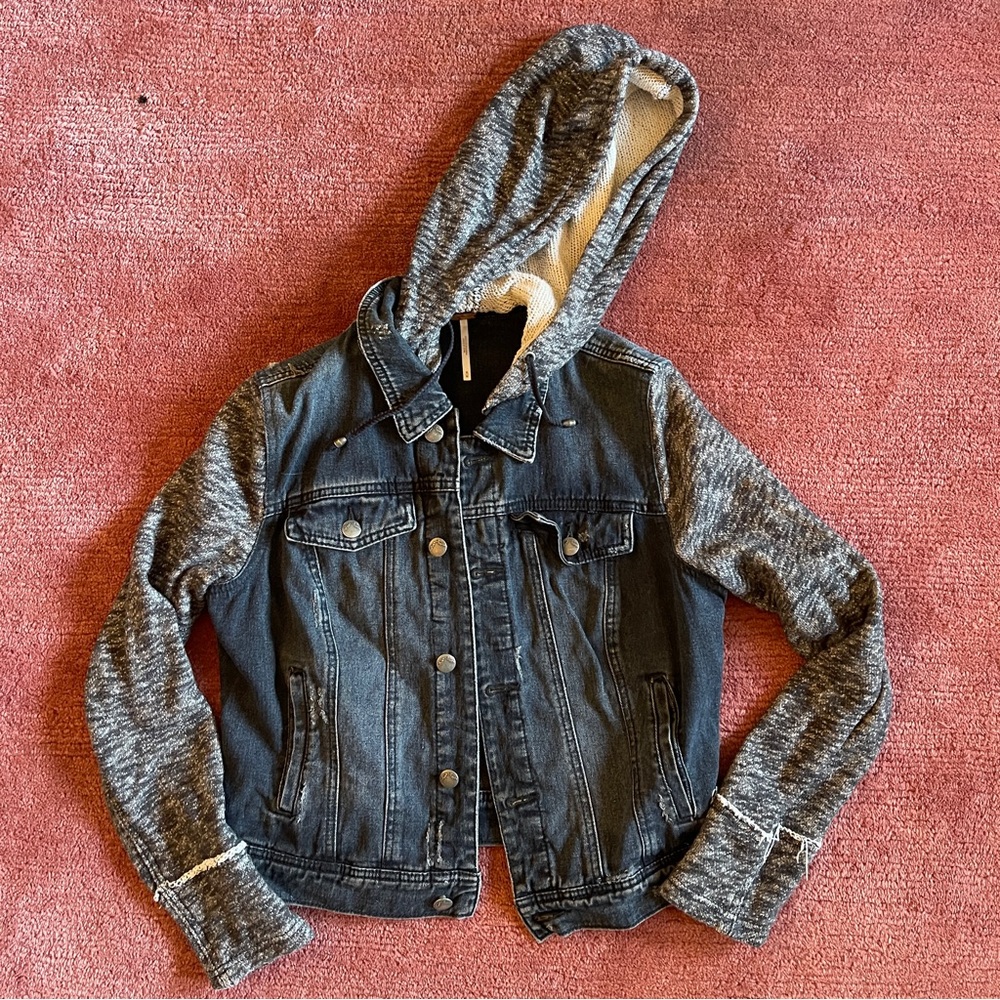 Free People Denim and Gray Distressed Hooded Jean Jacket Size Medium